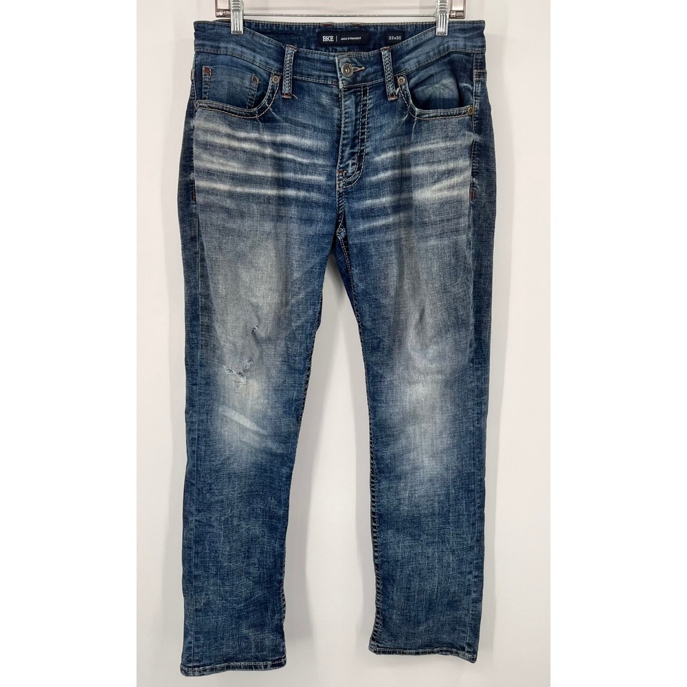 BKE Jake Straight Leg Mens Jeans 33x30 Medium Wash Blue Distressed Stretch Denim